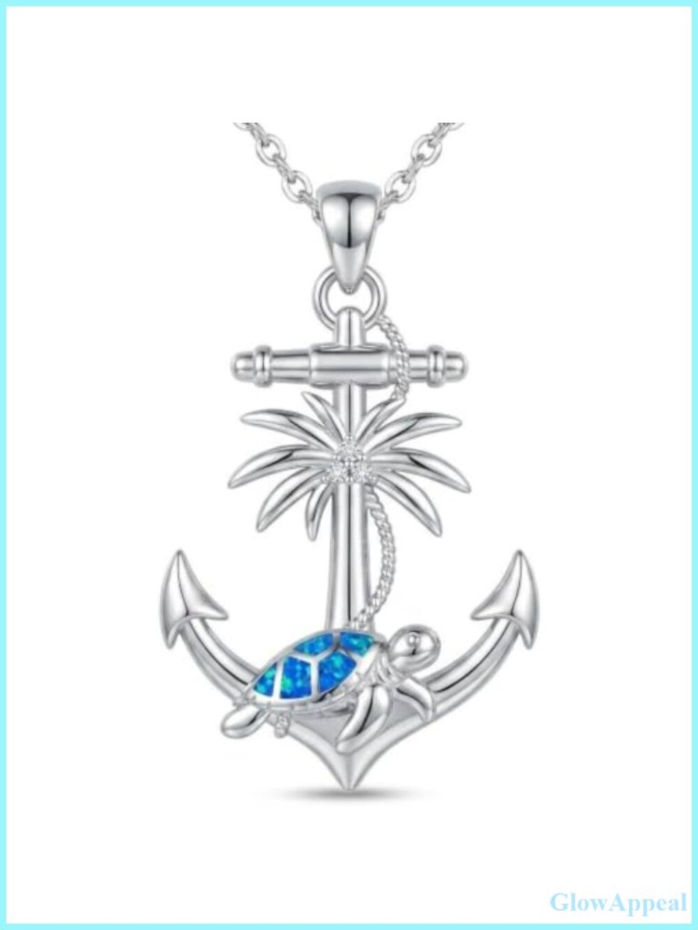 S925 Sterling Silver Anchor Sea Turtle Opal Diamond Pendant Necklace